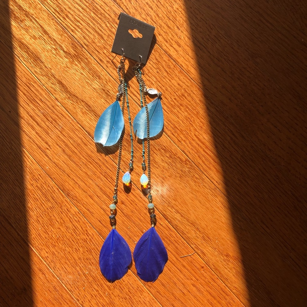 Feathers and gemstones dangle pierced earrings Native American inspired